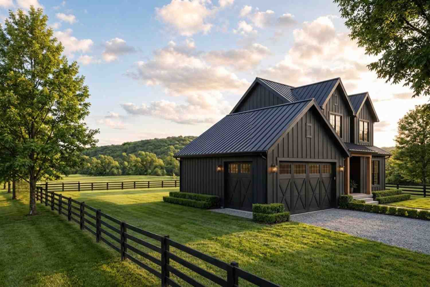 Left Side Elevation displaying the continuous vertical board-and-batten siding and the deep profile of the garage wing.