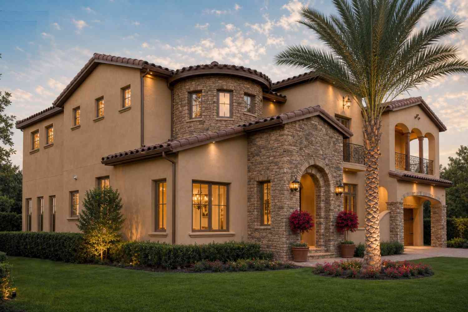 Left Elevation of 3 Bedroom 2 Story Mediterranean House Plan with Rotunda and Home Theater