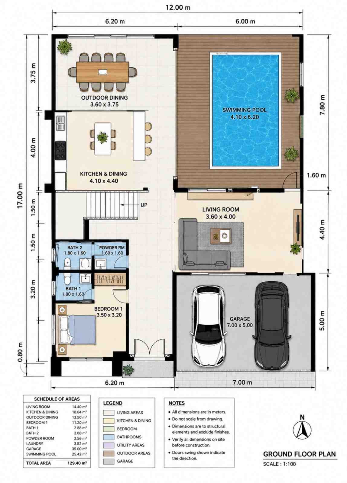 Ground Floor Blueprint of the house plan detailing the kitchen, indoor living area, and outdoor pool oasis