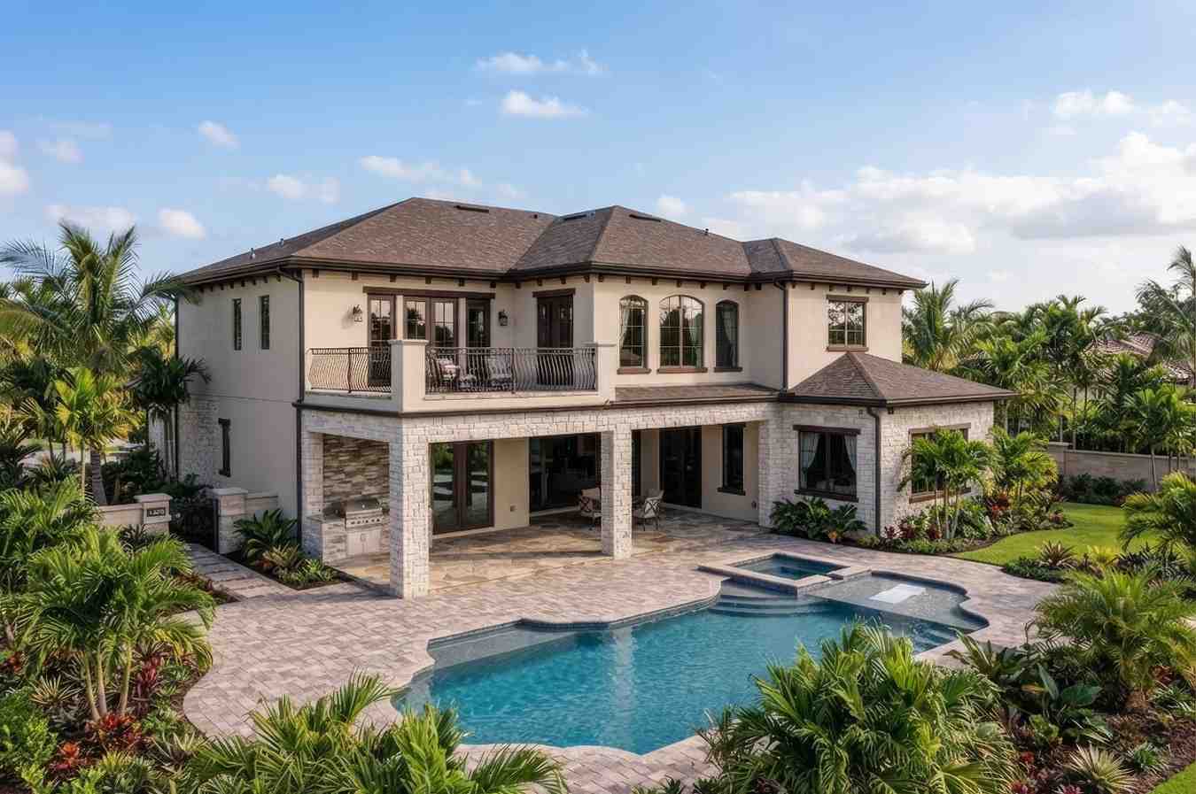 Rear Elevation of 4 Bedroom 2 Story Florida Mediterranean House Plan with Storm Shelter