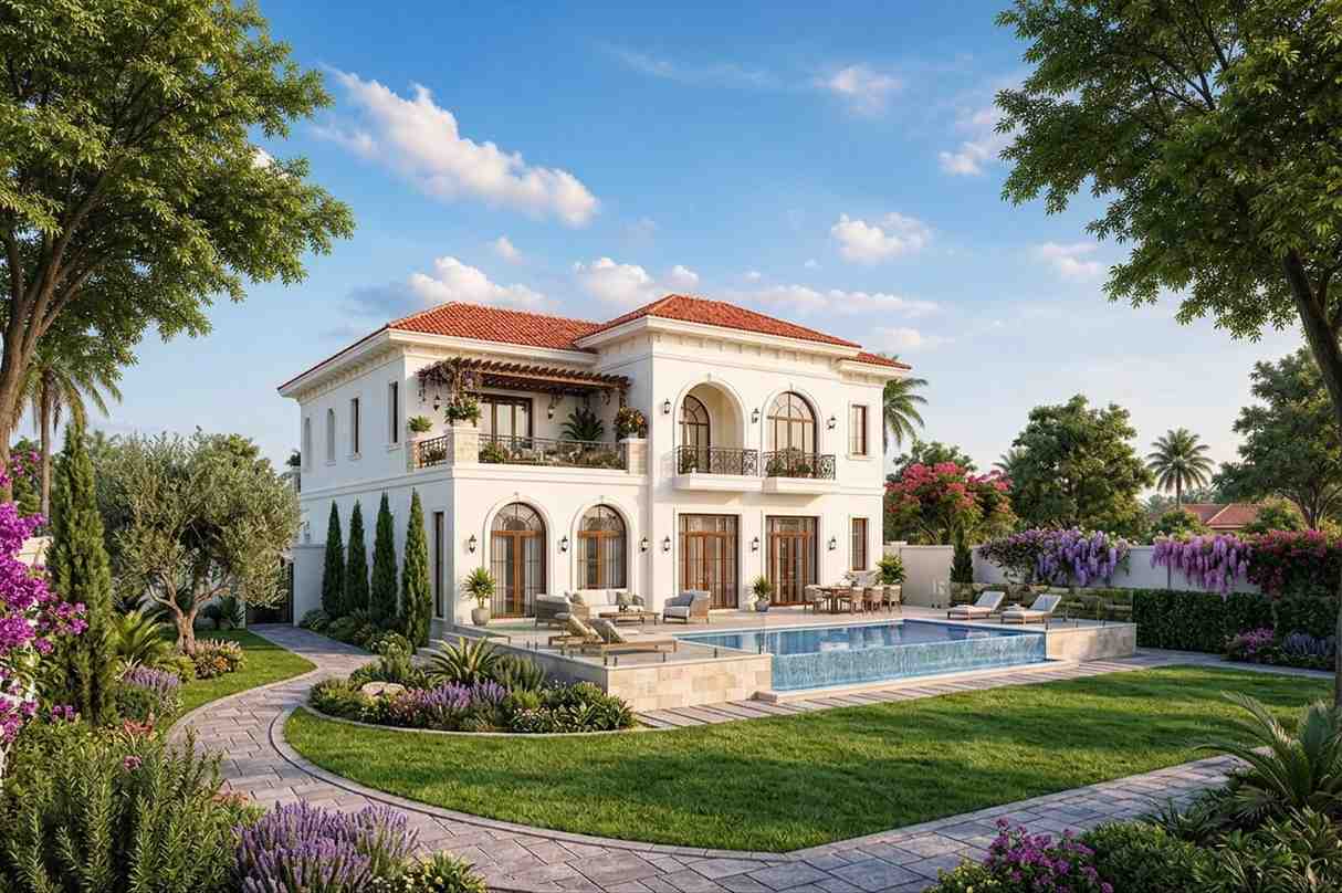 Rear Elevation of Luxury 5 Bedroom Spanish Style House Plan with En-Suite Bedrooms and Family Lounge