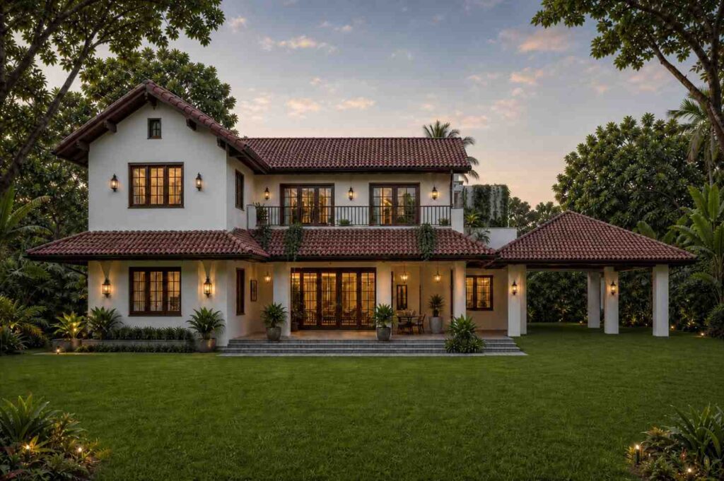 Rear Elevation of Spanish Colonial House Plan with Open Terrace and Dual Master Suites