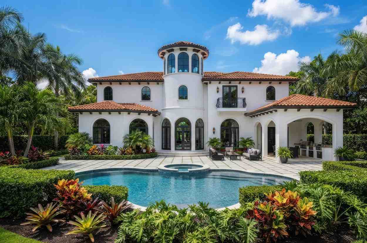 Rear Elevation of Luxury Mediterranean House Plan with Curved Grand Staircase and Cupola