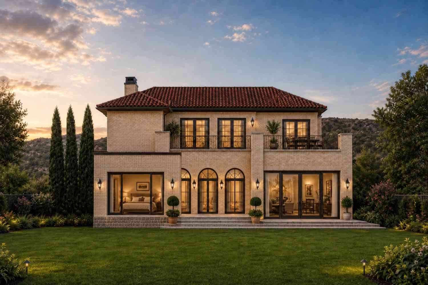 Rear elevation of House Plan with Stone Turret — 4 Bedroom Mediterranean Villa