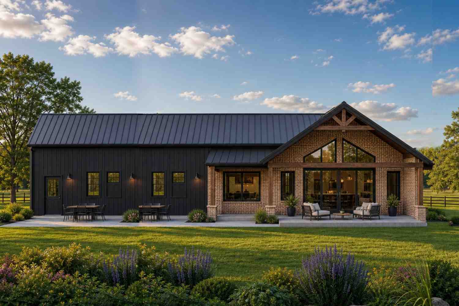 Rear elevation of 3 Bedroom Barndominium House Plan with Shop Garage and Man Cave