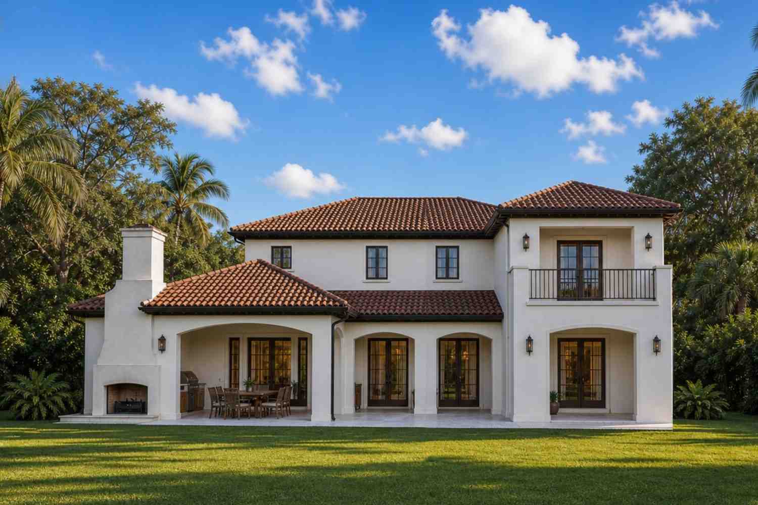 Rear Elevation of Mediterranean Villa House Plan with Outdoor Kitchen and Fireplace