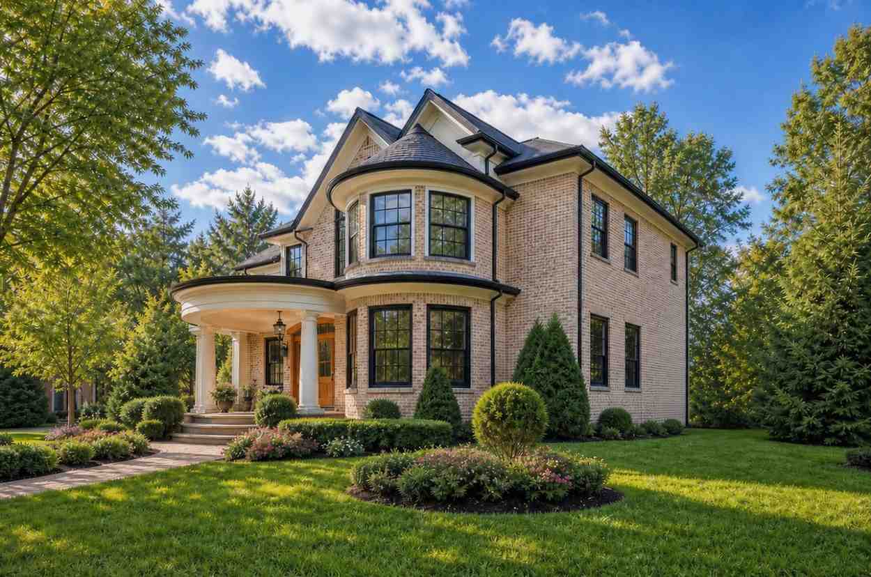 Right Side Elevation of 5 Bedroom Brick Traditional House Plan with Turret Master Suite