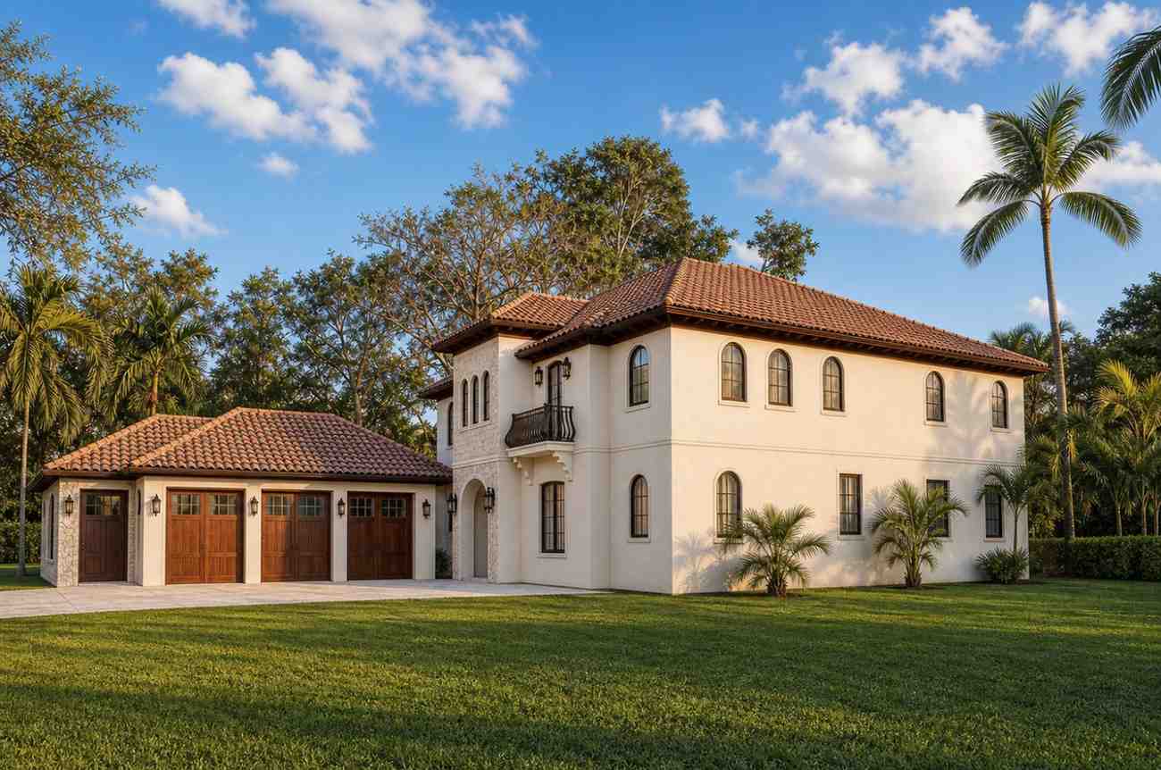 Right Side Elevation of Mediterranean Villa House Plan with Outdoor Kitchen and Fireplace