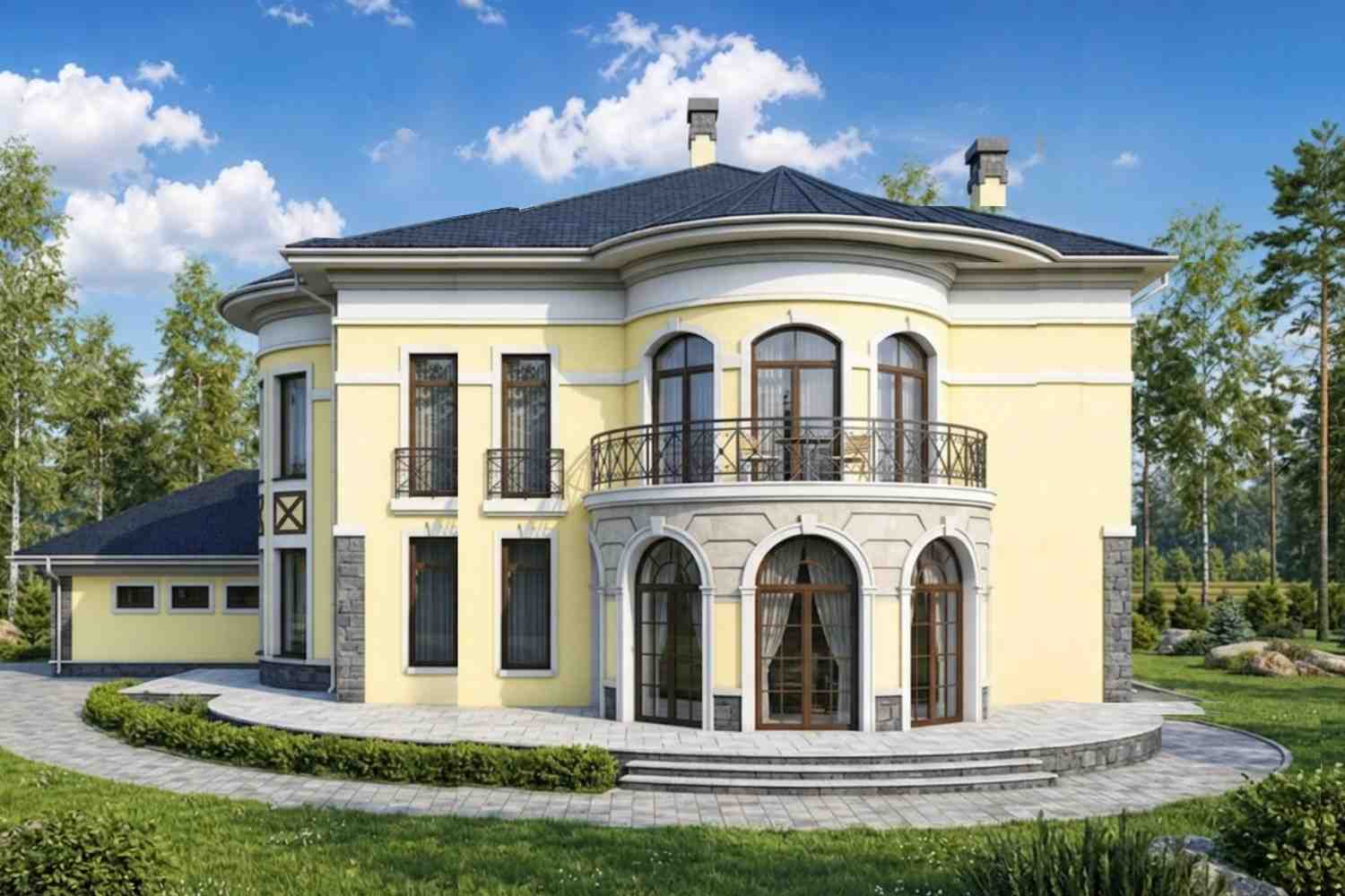 Right Side Elevation of 4 Bedroom 2 Story European Traditional House Plan with Wraparound Terrace