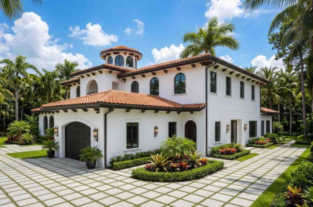 Right Side Elevation of Luxury Mediterranean House Plan with Curved Grand Staircase and Cupola