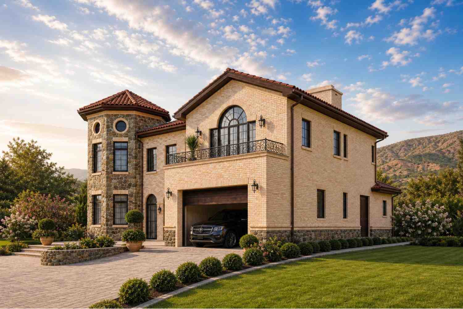 Right side elevation of House Plan with Stone Turret — 4 Bedroom Mediterranean Villa