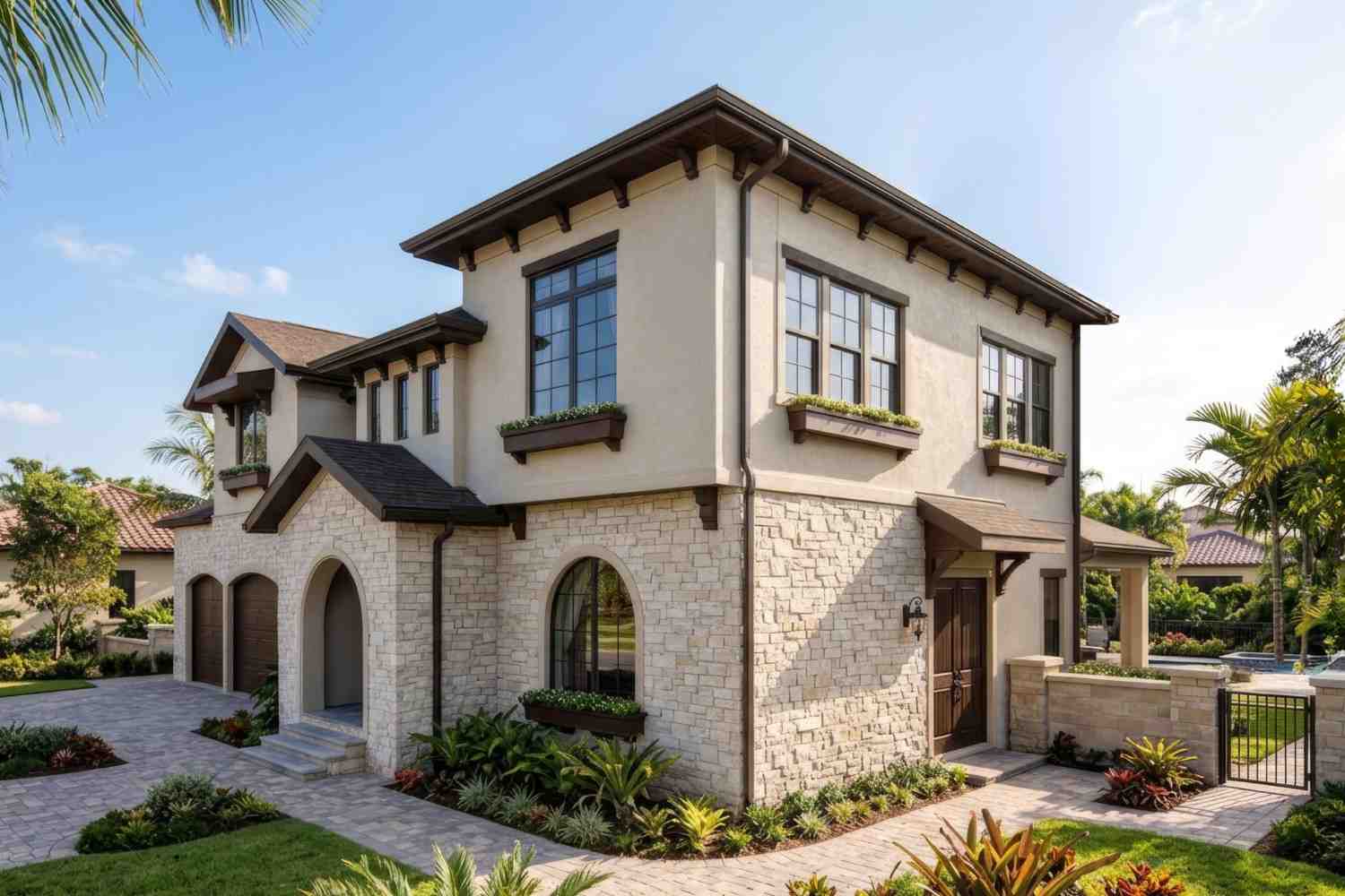Right Side Elevation of 4 Bedroom 2 Story Florida Mediterranean House Plan with Storm Shelter