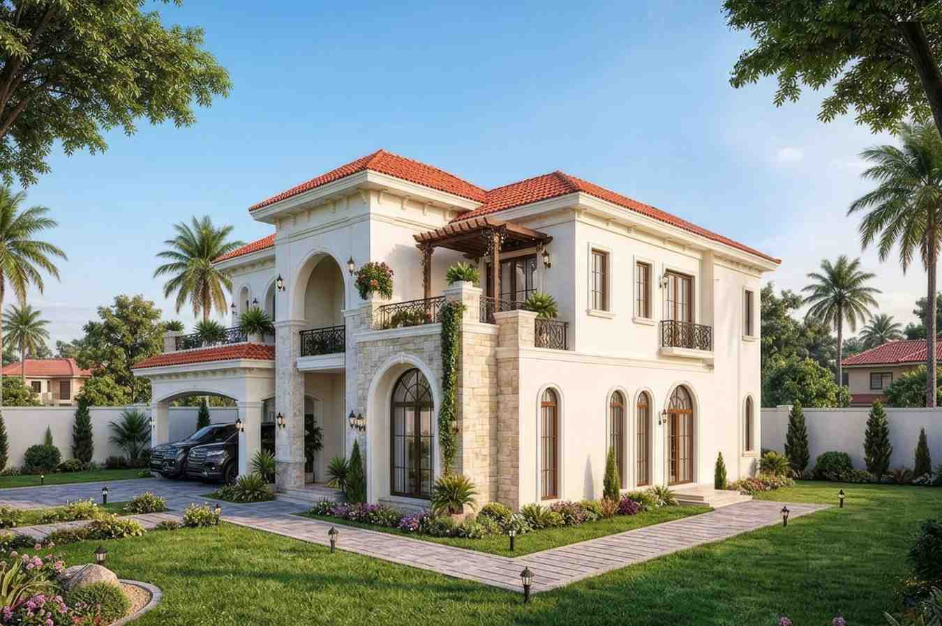 Right Side Elevation of Luxury 5 Bedroom Spanish Style House Plan with En-Suite Bedrooms and Family Lounge