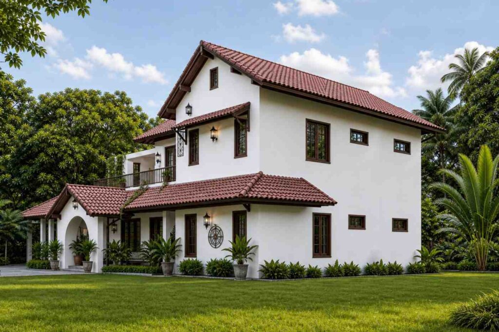 Right Elevation of Spanish Colonial House Plan with Open Terrace and Dual Master Suites