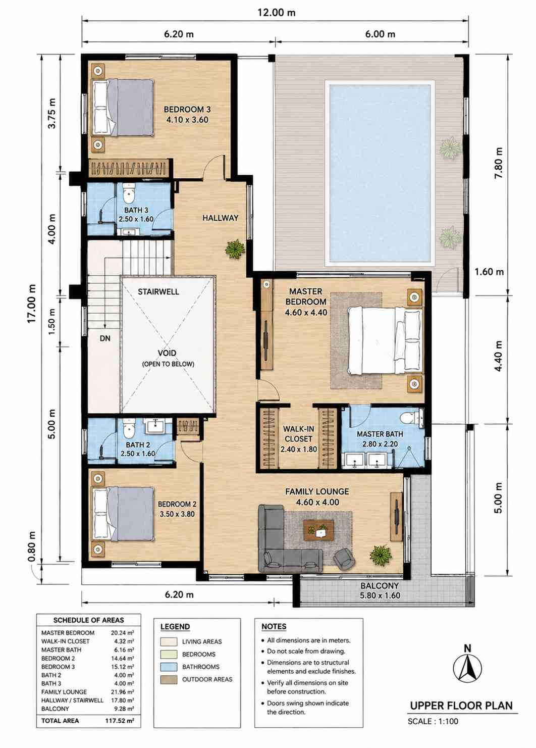 Upper Floor Blueprint detailing the private master bedroom suite, two family bedrooms, and a central lounge area