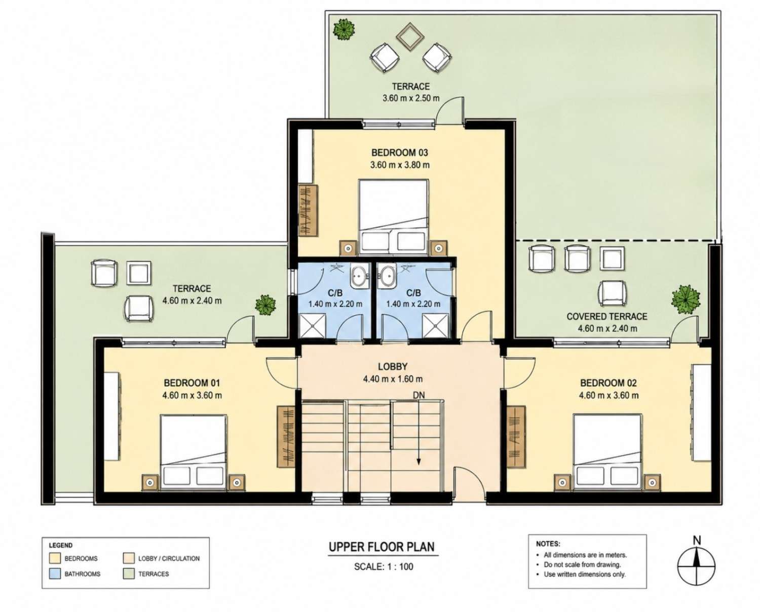 Upper floor plan: three bedrooms and two bathrooms around a central lobby, wrapped by three private terraces.