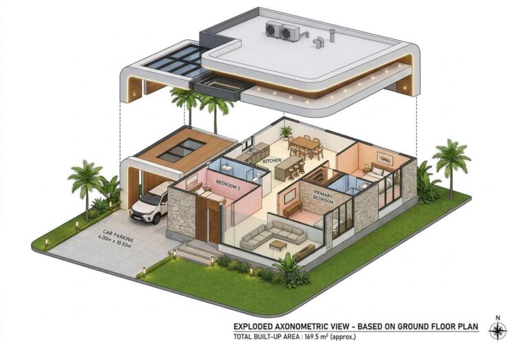 Exploded Axonometric View of House Plan with Deep Carport Entry — 3 Bedroom Tropical Modern