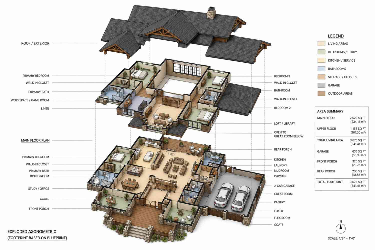 Exploded Axonometric View of 4 Bedroom 2 Story Mountain Craftsman House Plan with Lake View Great Room