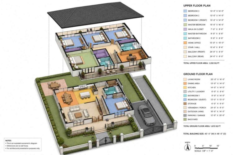 Exploded Axonometric View of House Plan with Main-Floor Guest Suite and Home Office — 5 Bedroom Coastal Contemporary