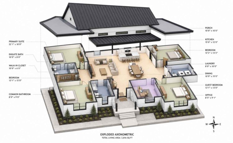 Exploded Axonometric View of 4 Bedroom Single Story Black Roof Farmhouse House Plan with Office