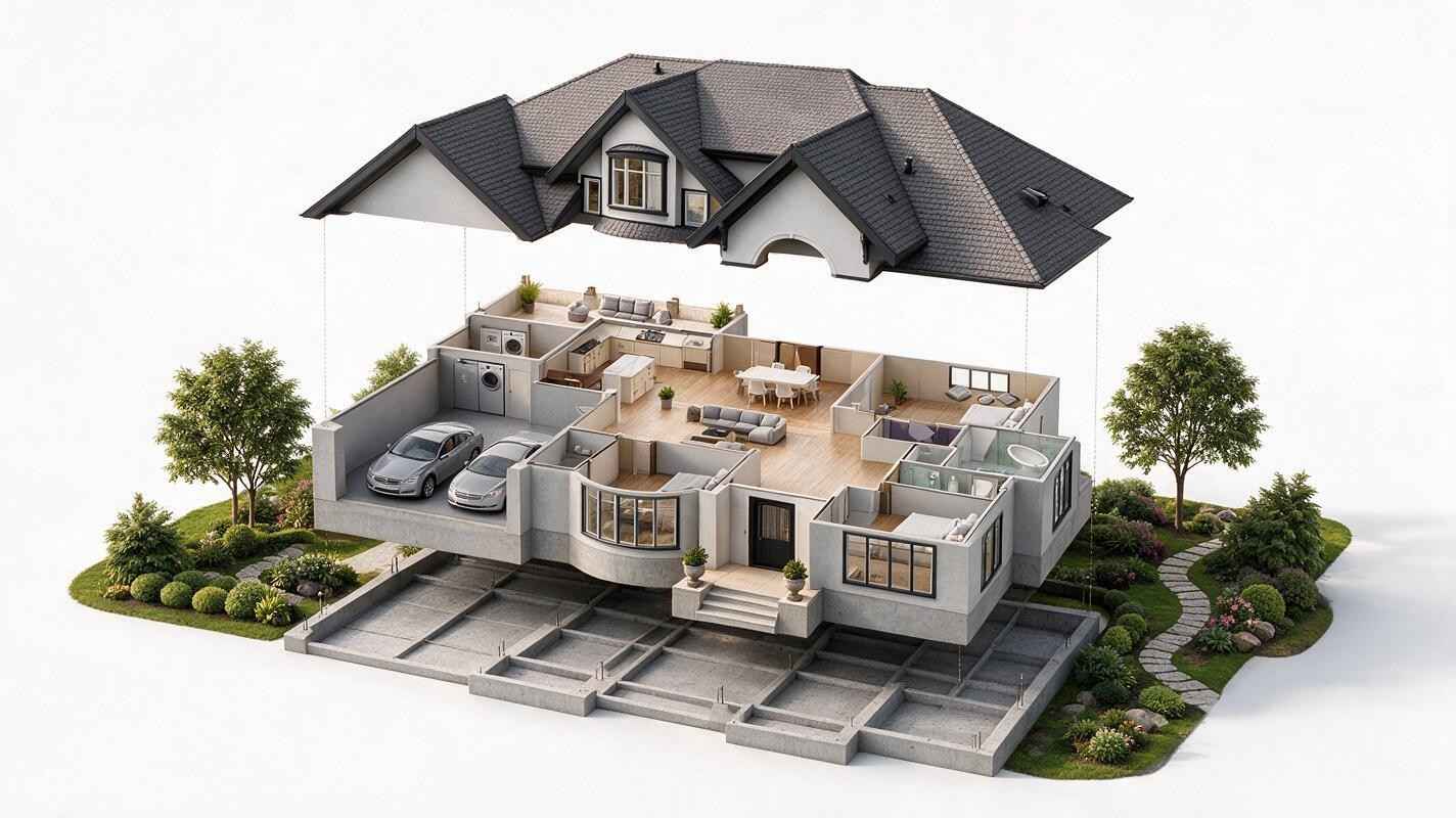 Exploded Axonometric View of European Traditional House Plan with Two-Story Curb Appeal