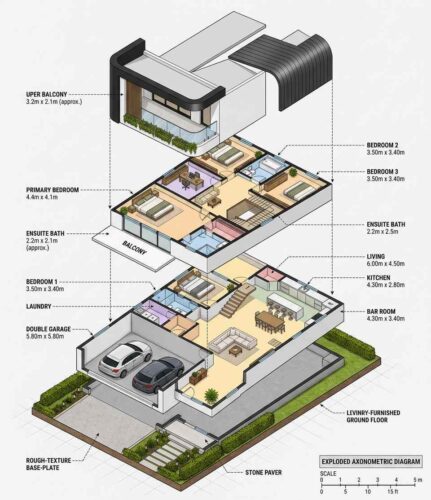 Exploded Axonometric View of House Plan with Home Office — 4 Bedroom Cantilever Modern