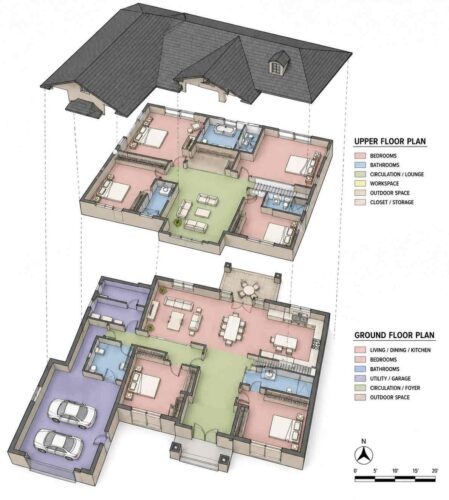 Exploded Axonometric View of 5 Bedroom 2 Story Mountain Stone Manor House Plan