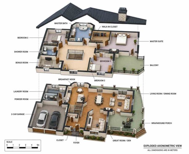 Exploded axonometric view — Modern Farmhouse house plan with wraparound porch