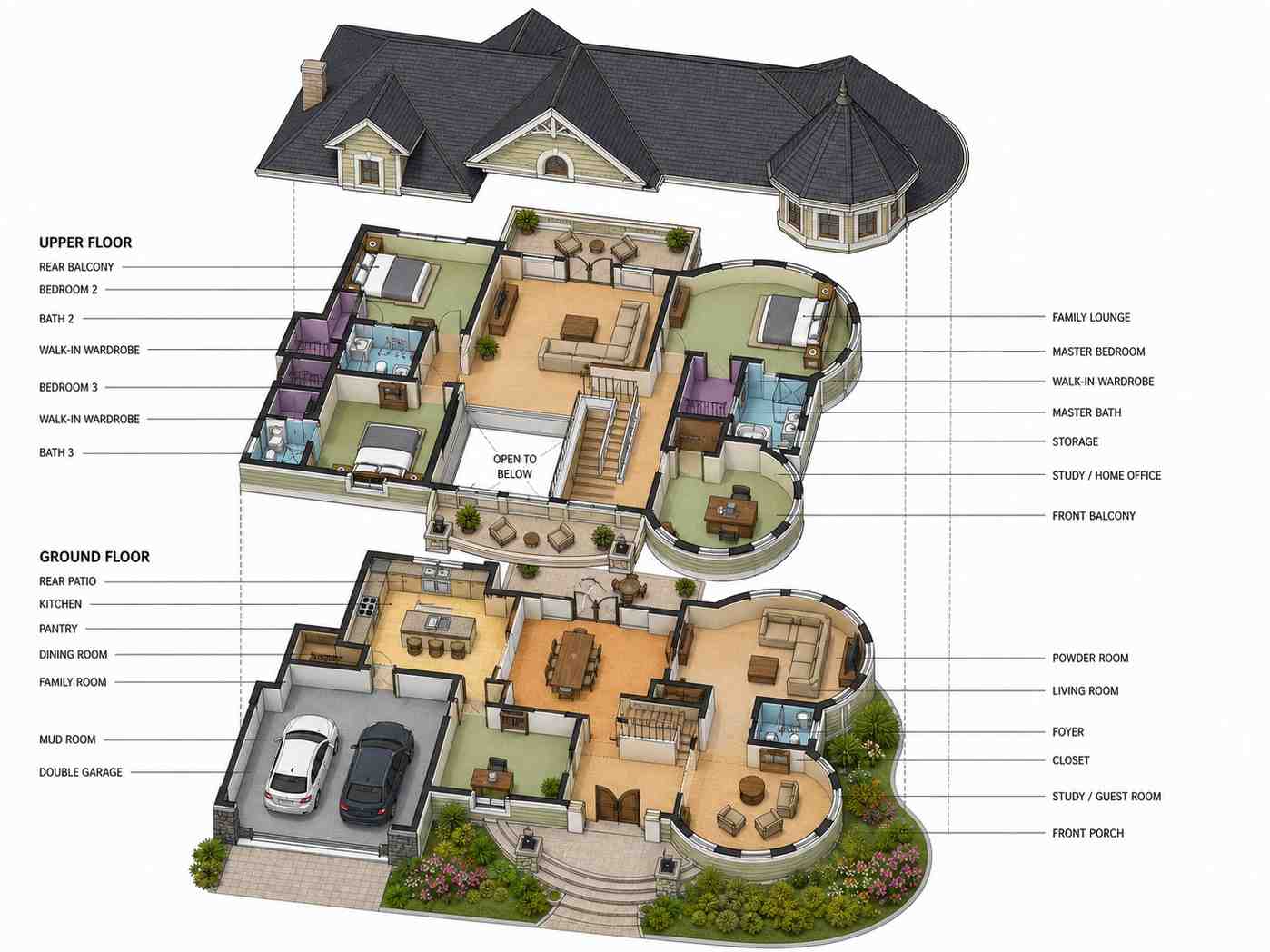 3D perspective view of 4 Bedroom 2 Story Victorian Queen Anne House Plan with Twin Turrets