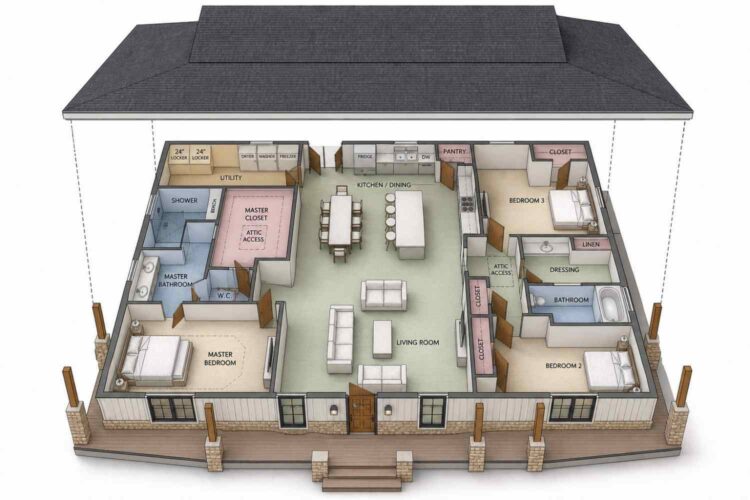 Exploded Axonometric View of House Plan with Dual-Locker Mudroom — 3 Bedroom Farmhouse Ranch