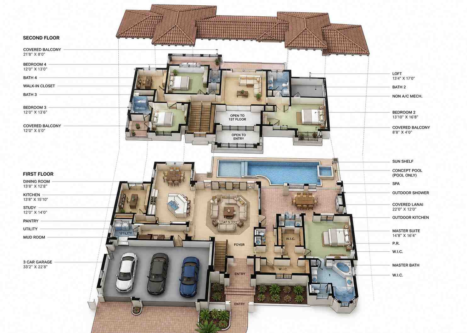 Exploded Axonometric View of 4 Bedroom 2 Story Luxury Mediterranean Estate House Plan with Pool and Spa