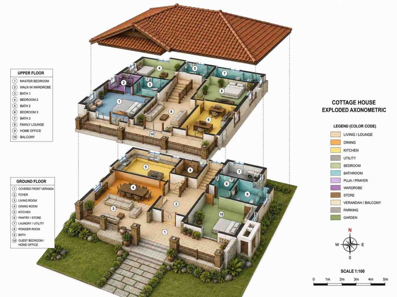 Exploded Axonometric View of Tropical Cottage House Plan with Wraparound Veranda
