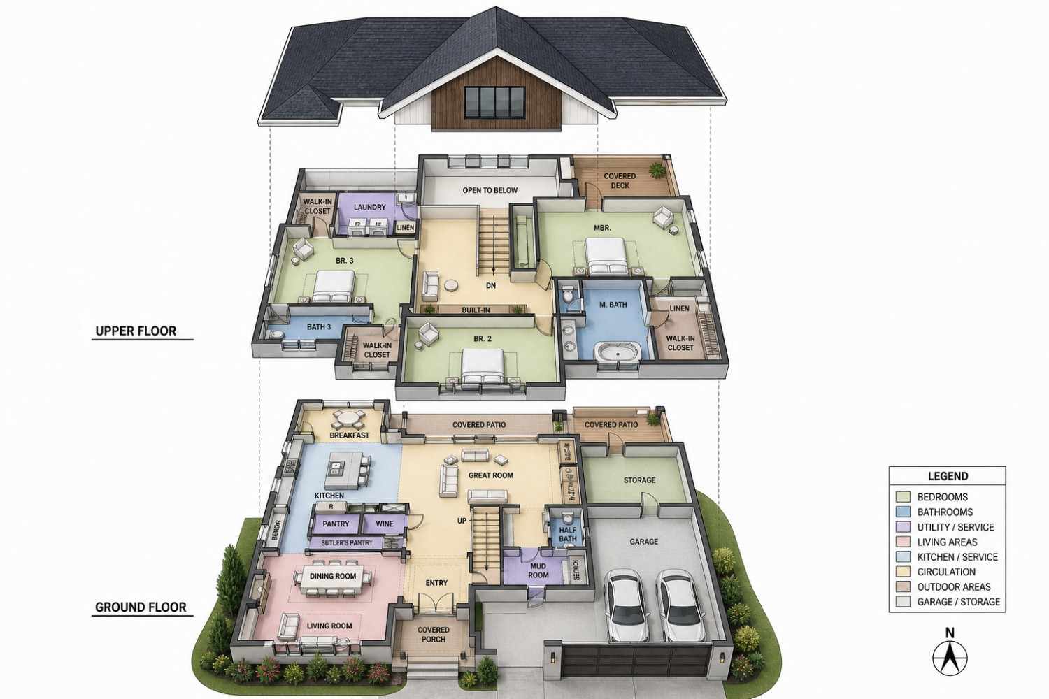 Exploded Axonometric View of 3 Bedroom 2 Story Modern Farmhouse House Plan with Open-to-Below Loft