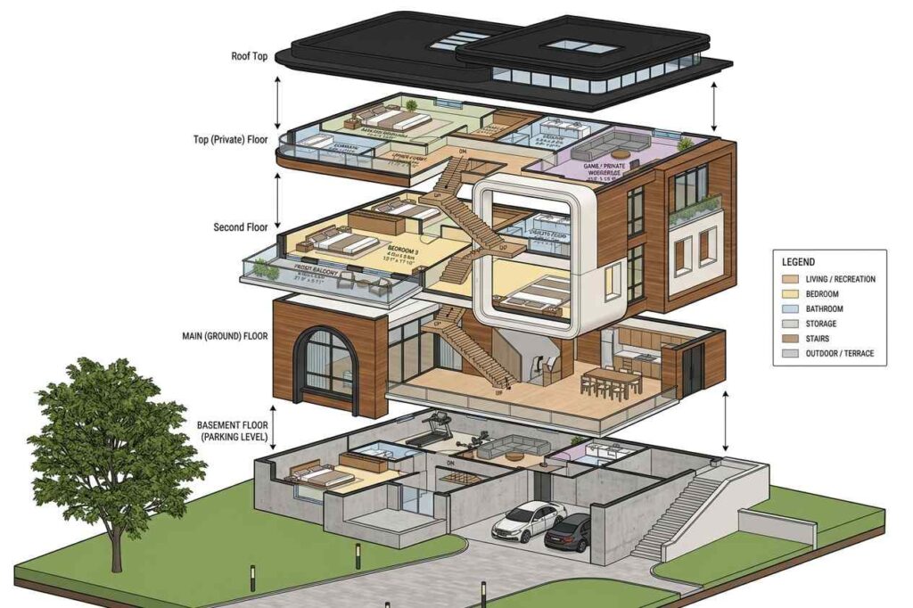 3D exploded view of 4 Story Multi-Generational Contemporary House Plan