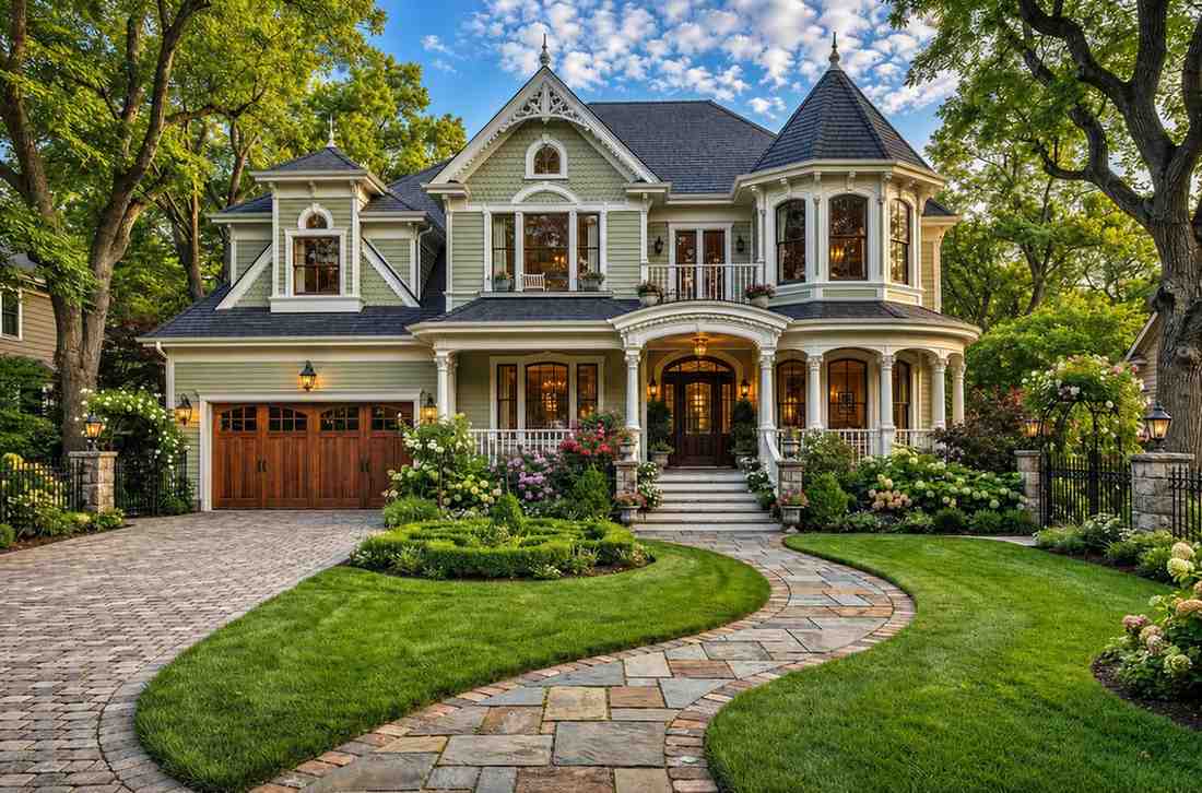 Front Elevation of 4 Bedroom 2 Story Victorian Queen Anne House Plan with Twin Turrets