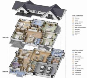 Exploded Axonometric View of&nbsp; 4 Bedroom New American House Plan