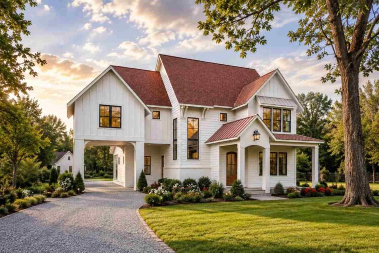 Front Elevation of 6 Bedroom 2 Story Farmhouse House Plan with Porte Cochere