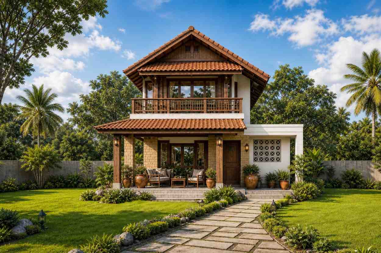Front Elevation of Tropical Cottage House Plan with Wraparound Veranda