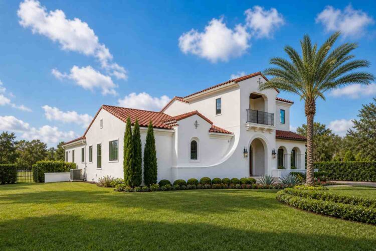Left Side Elevation of House Plan with Pool and Spa — 3 Bedroom Mediterranean Villa