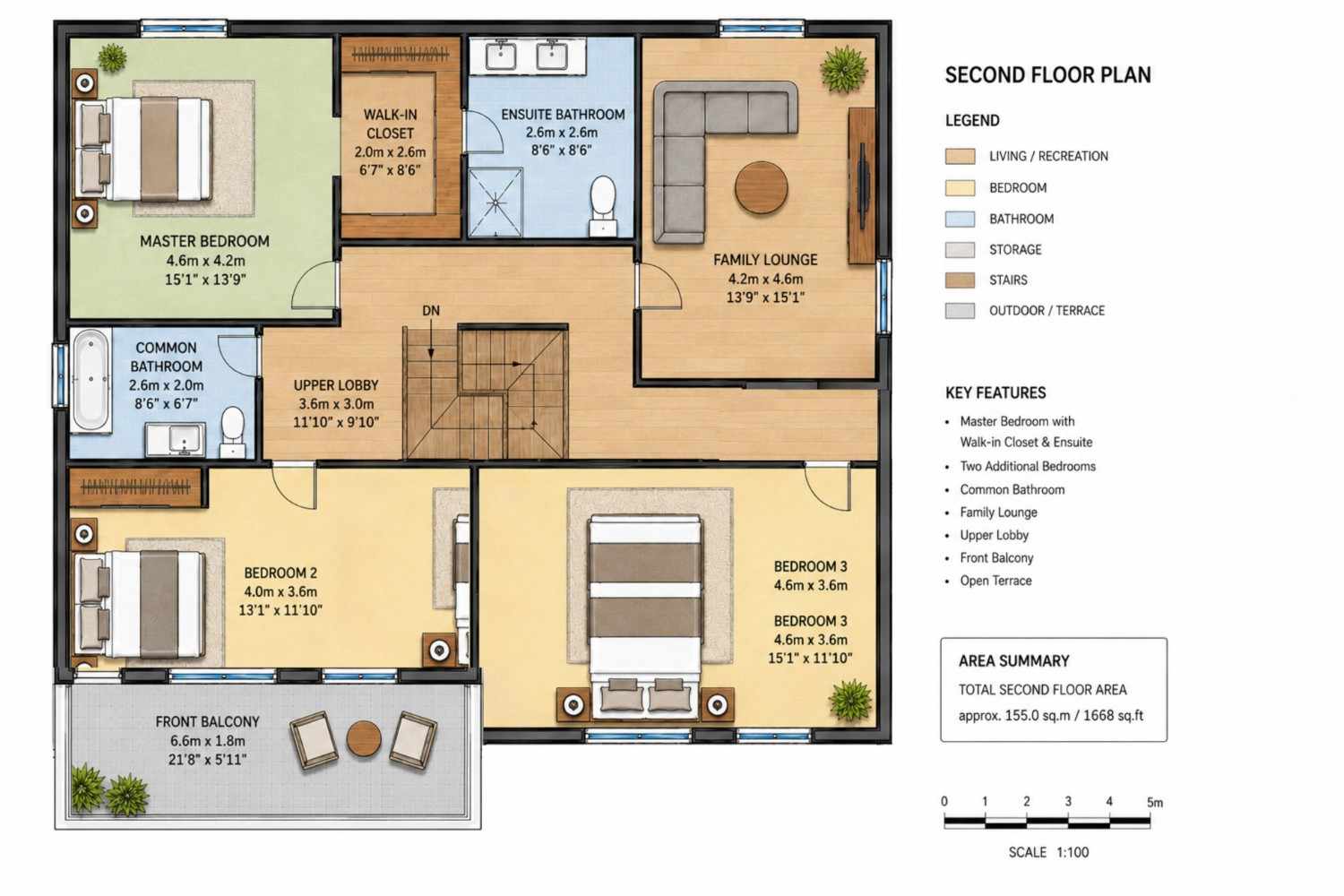Second floor plan — second primary suite wing, Bedroom 2, Bedroom 3, Family Lounge