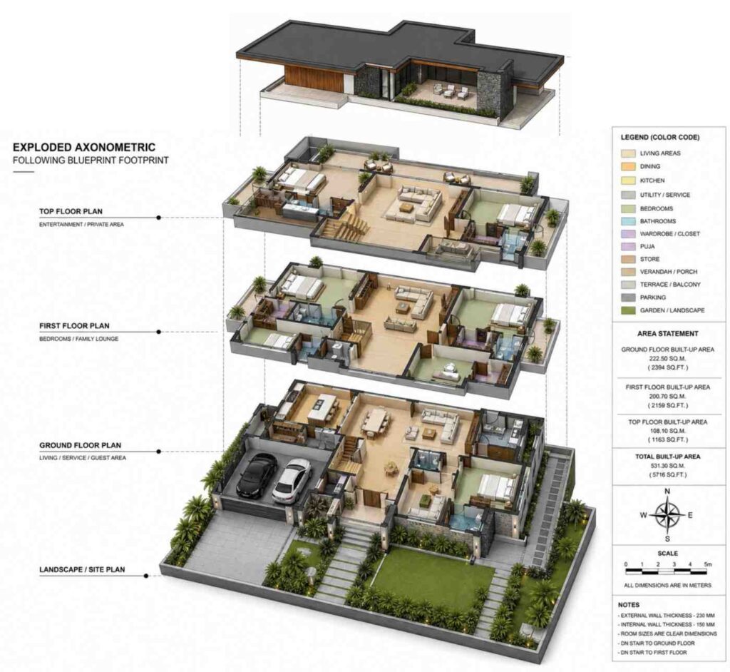 Exploded Axonometric View of 6 Bedroom 3 Story Modern House Plan with Rooftop Entertainment Lounge