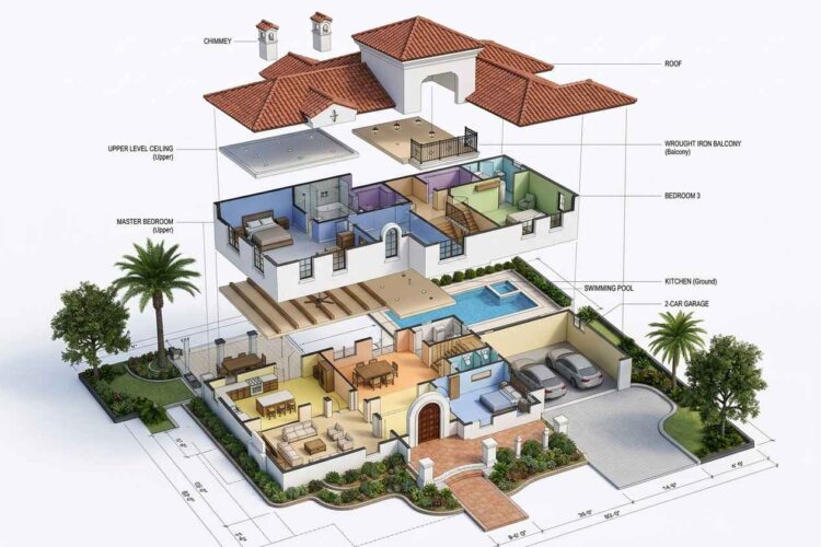 Exploded Axonometric View of House Plan with Pool and Spa — 3 Bedroom Mediterranean Villa