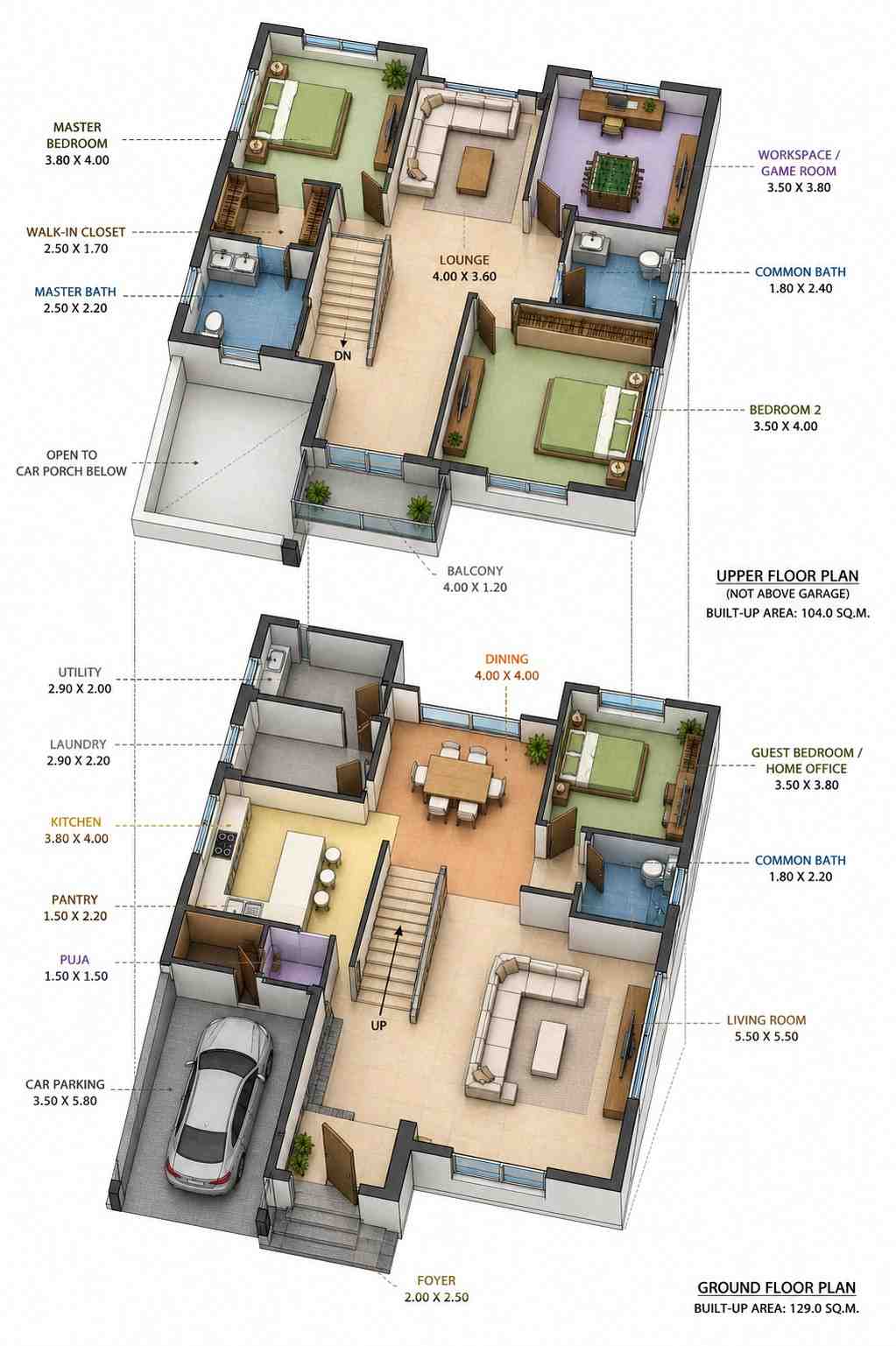 Exploded Axonometric View of 3 Bedroom 2 Story Modern House Plan with Rooftop Lounge and Guest Suite