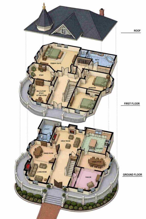 Exploded Axonometric View of the Octagonal Turret Floor Plan