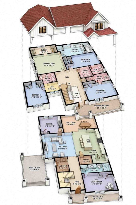 Exploded Axonometric View of 6 Bedroom 2 Story Farmhouse House Plan with Porte Cochere