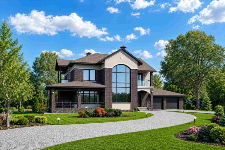Front elevation — Brick Manor Contemporary house plan with arched two-story window