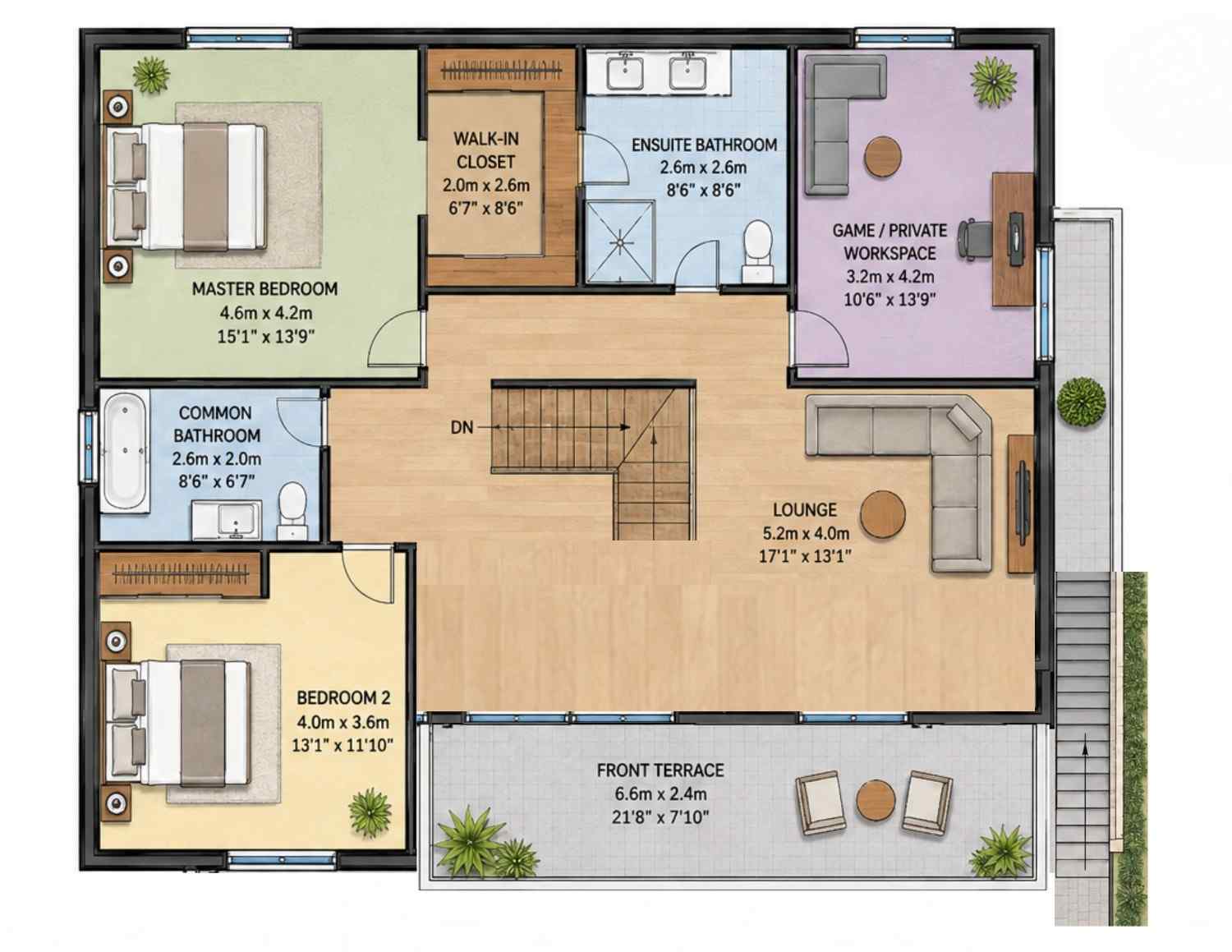 First floor plan — primary suite, Bedroom 2, Game/Private Workspace, Lounge