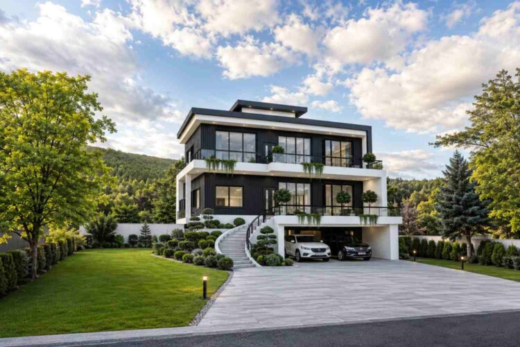 Front Elevation of 6 Bedroom Ultra Modern House Plan with Walk-Under Garage