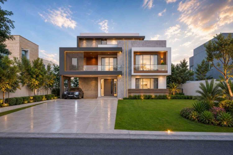 Front Elevation of House Plan with Indoor Courtyards — 5 Bedroom Contemporary