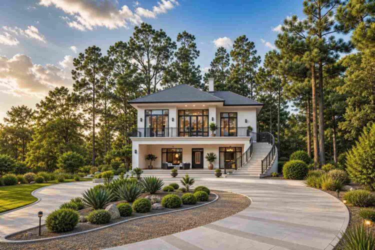 Front Elevation of  Modern Villa House Plan with Curved Exterior Staircase
